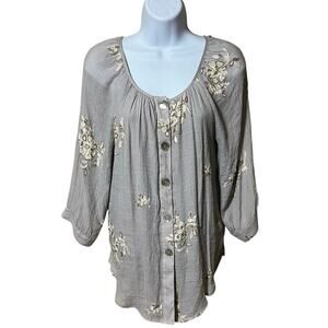 Figueroa Flower Gray Floral Embroidered Flowy Boho Peasant Blouse L P Button Up